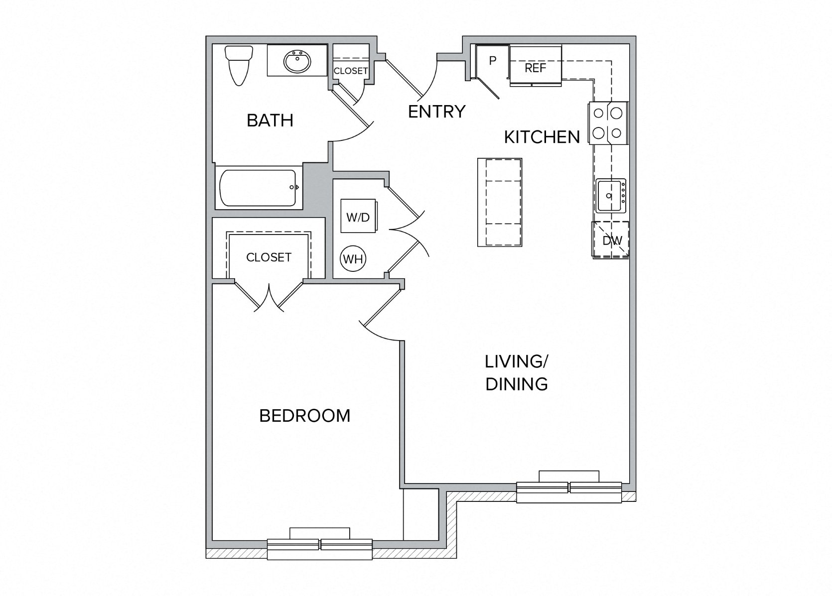 Floor plan for 1 bed, 1 bath, 730 sqft